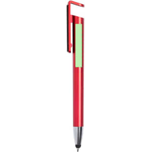 A red pen with a clip and a green accent, featuring a branding logo.