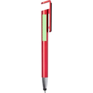 A red pen with a clip and an unmarked section, featuring a silver tip. It has a logo on the body.