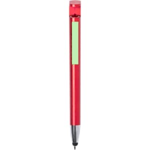 A red pen with a shiny finish and a black tip, featuring a clear section and a logo.