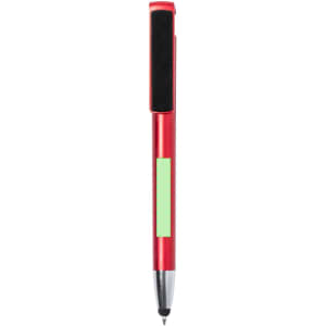 A red pen with a black clip and a green label area. It features a silver tip and has a logo.