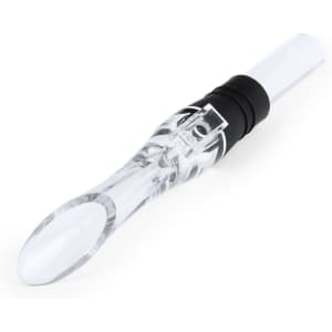 A wine aerator in clear plastic with a black rubber fitting, featuring a sleek and curved design.
