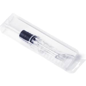 A wine aerator in a clear package, featuring a black and transparent design, designed for enhancing wine.