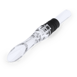 A clear wine aerator with a black rubber grip, designed to enhance the enjoyment of wine.