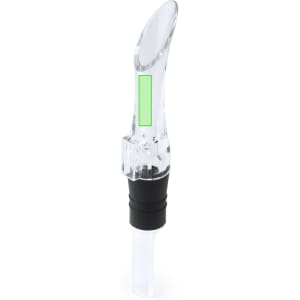 A clear wine aerator with a black silicone base, designed to enhance wine flavour during pouring.
