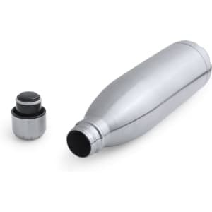 A drink bottle with a sleek silver design, accompanied by a matching cap. It features a simple, modern shape.