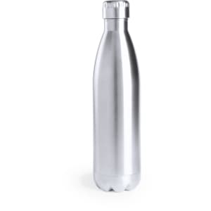 A drink bottle made of sleek stainless steel, featuring a rounded shape and a screw-on cap. It has a logo on the side.