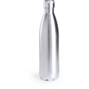 A drink bottle in silver stainless steel with a screw-on cap and a simple design. It has a logo on the side.