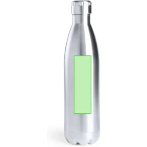 A drink bottle with a sleek silver finish, featuring a blank area for custom branding or design.