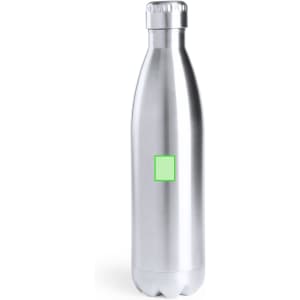 A drink bottle made of stainless steel with a sleek silver finish and an empty space for branding.