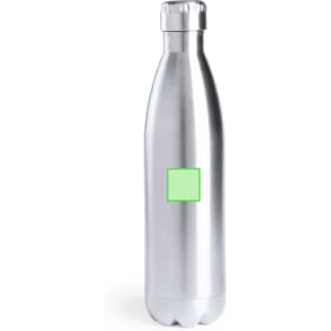 A drink bottle with a sleek silver finish and a blank area for branding or personalisation.