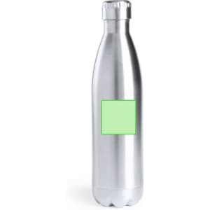 A drink bottle made of stainless steel with a sleek silver finish and a green square area for customisation.