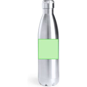 A drink bottle with a sleek silver finish and a green label area, featuring a metallic screw-on cap.