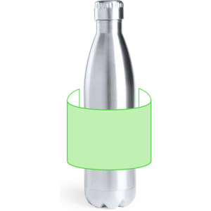 A drink bottle with a sleek silver finish, featuring a rounded base and a screw-on cap. It has a logo.