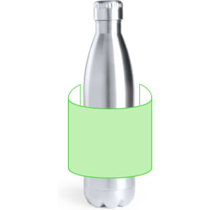 A drink bottle with a sleek silver finish, featuring a logo and a capped top, designed for insulation.