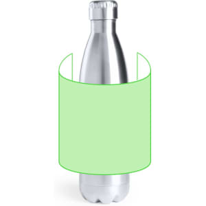 A drink bottle in a sleek silver design with a rounded base, featuring a logo.