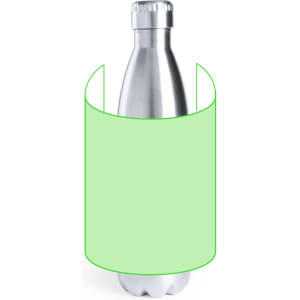 A drink bottle with a sleek silver body, featuring a cap, surrounded by a light green sleeve.