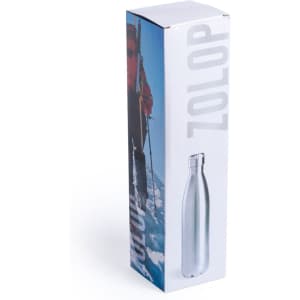 A drink bottle in a sleek, clear design, enclosed in a tall, rectangular box featuring a logo and outdoor imagery.