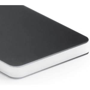 A sleek black keyring with a white border, featuring a smooth, rounded design. It has a logo on the surface.