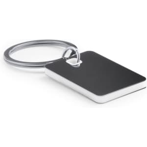 A rectangular silver keyring with a shiny black surface, attached to a circular metal ring.