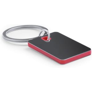 A keyring with a rectangular metal tag featuring a red edge and a silver ring for attachment.