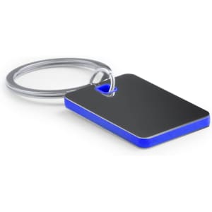 A rectangular keyring with a blue border and a shiny black surface, attached to a metal ring.