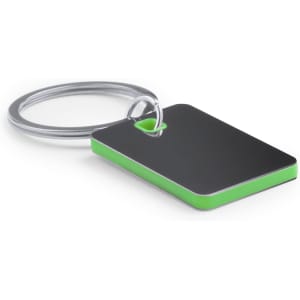 A keyring with a black rectangular tag and a green border, attached to a silver metal ring.