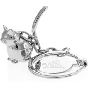 A shiny silver keyring featuring a cat-shaped charm attached to a metal ring, with a shopping cart design on the keyring.