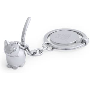 A silver keyring with a small cat-shaped charm attached, featuring a circular keyring element.