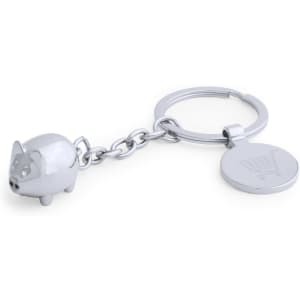 A silver keyring featuring a piggy bank charm and a round shopping trolley token.