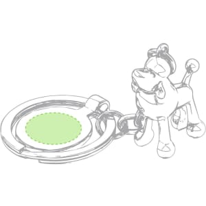 A green keyring coin featuring a dog-shaped figure with a keychain attachment.