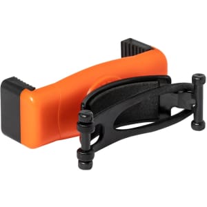 An orange and black phone holder designed for car use, featuring an adjustable grip mechanism.