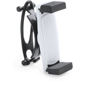A car phone holder featuring a black and white design, with adjustable grips for securing devices.