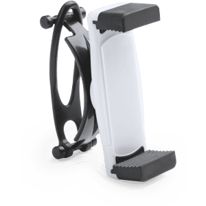 A car phone holder in black and white, featuring grips to secure a phone in place. It includes a branded logo.