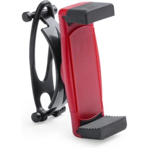 A red and black car phone holder with adjustable grips for secure placement. Features a logo on the side.