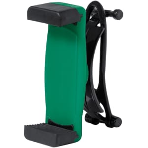 A green and black car phone holder featuring a clamp design with rubber grips for secure placement.