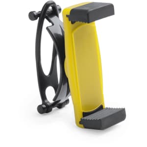 A black and yellow car phone holder with adjustable grips for secure smartphone placement. Features a sleek design and branding.