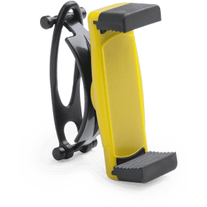 A black and yellow Perch Holder car phone holder with a sturdy grip and adjustable design.
