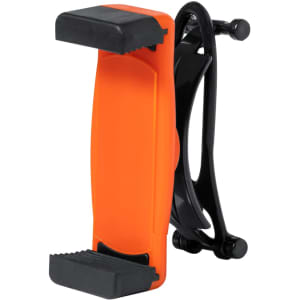 An orange and black car phone holder with grip pads for secure phone placement and a clip design for attachment.