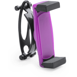 A purple and black car phone holder with rubber grips and a logo. Suitable for securing phones in vehicles.
