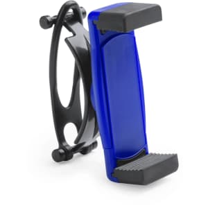 A blue and black car phone holder with a secure grip for various phone sizes and a logo on the side.