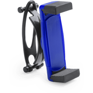 A blue and black car phone holder designed to securely hold mobile devices. It features a sturdy grip and adjustable design.