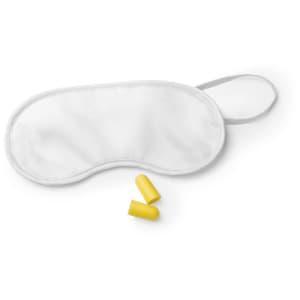 A white sleep mask and yellow earplugs, both included in the Yorder Travel Set. The set has a simple design.