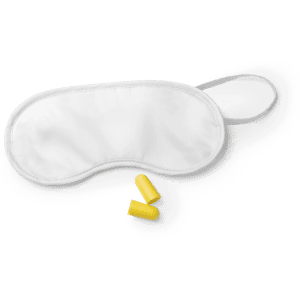 A white sleep mask with two yellow earplugs, featuring a branding logo.
