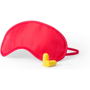 A red eye mask with two yellow earplugs, designed for travel and relaxation. Features a logo.