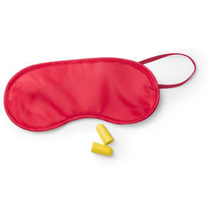 A red sleep mask paired with yellow earplugs, all items featuring a simple design.
