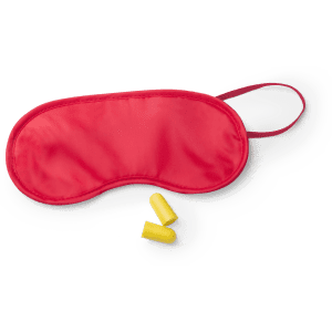 A red sleep mask with two yellow earplugs beside it, featuring a logo on the mask.