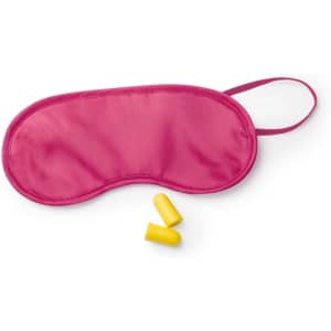 A pink sleep mask accompanied by two yellow earplugs, featuring a logo on the mask.