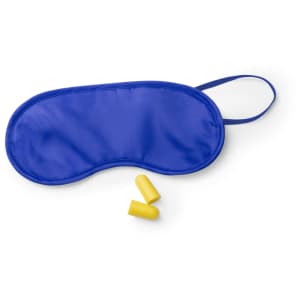 A blue sleep mask with a strap and a pair of yellow earplugs. The mask has a simple design and includes a logo.