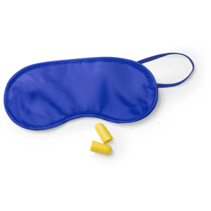 A blue sleep mask accompanied by two yellow earplugs. The set is designed for travel comfort.