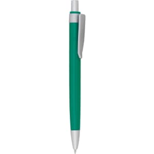 A green plastic pen with a silver clip and tip, featuring a branding logo.